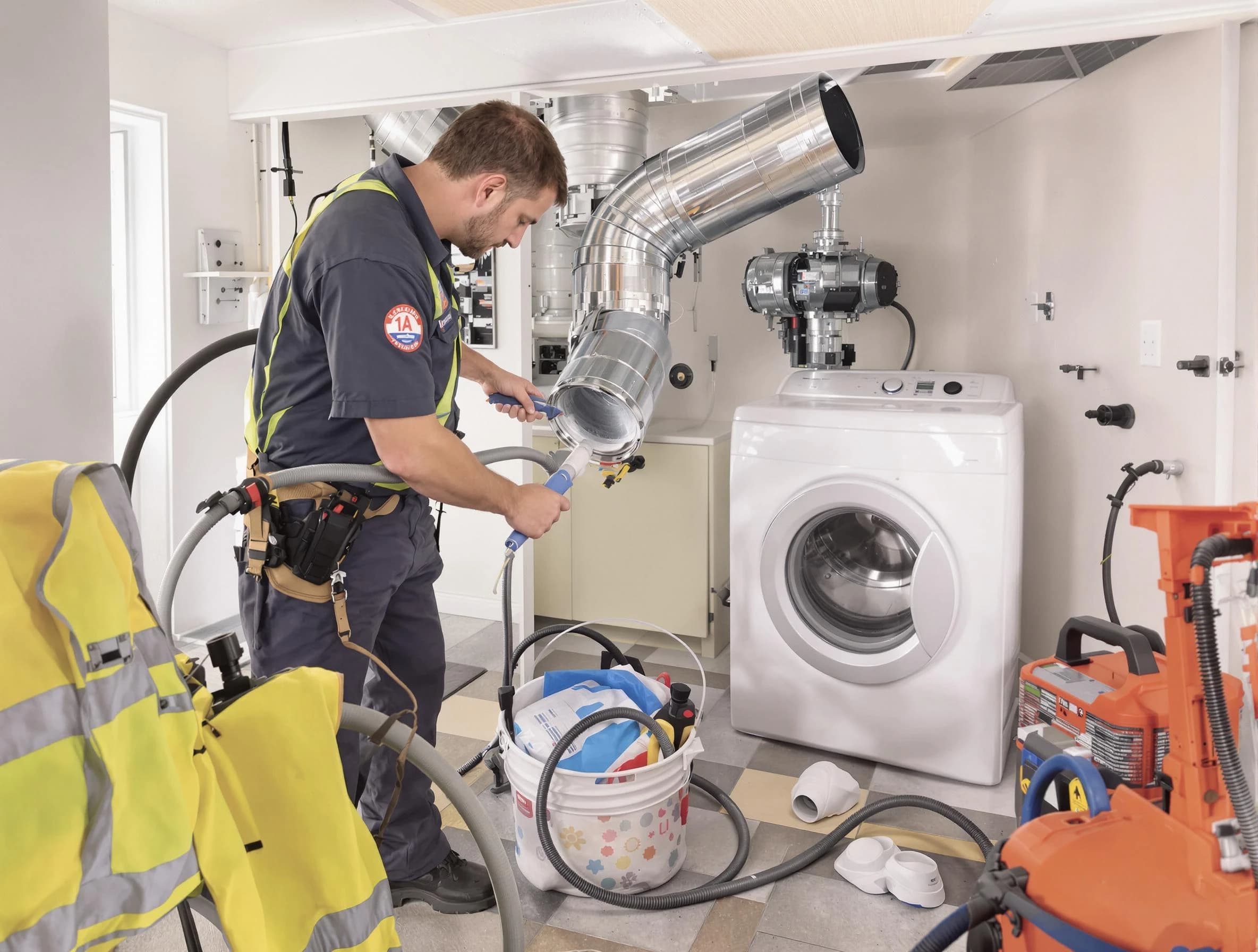 Lake Forest Dryer Vent Cleaning technician using specialized equipment to clear severe dryer vent blockage in Lake Forest